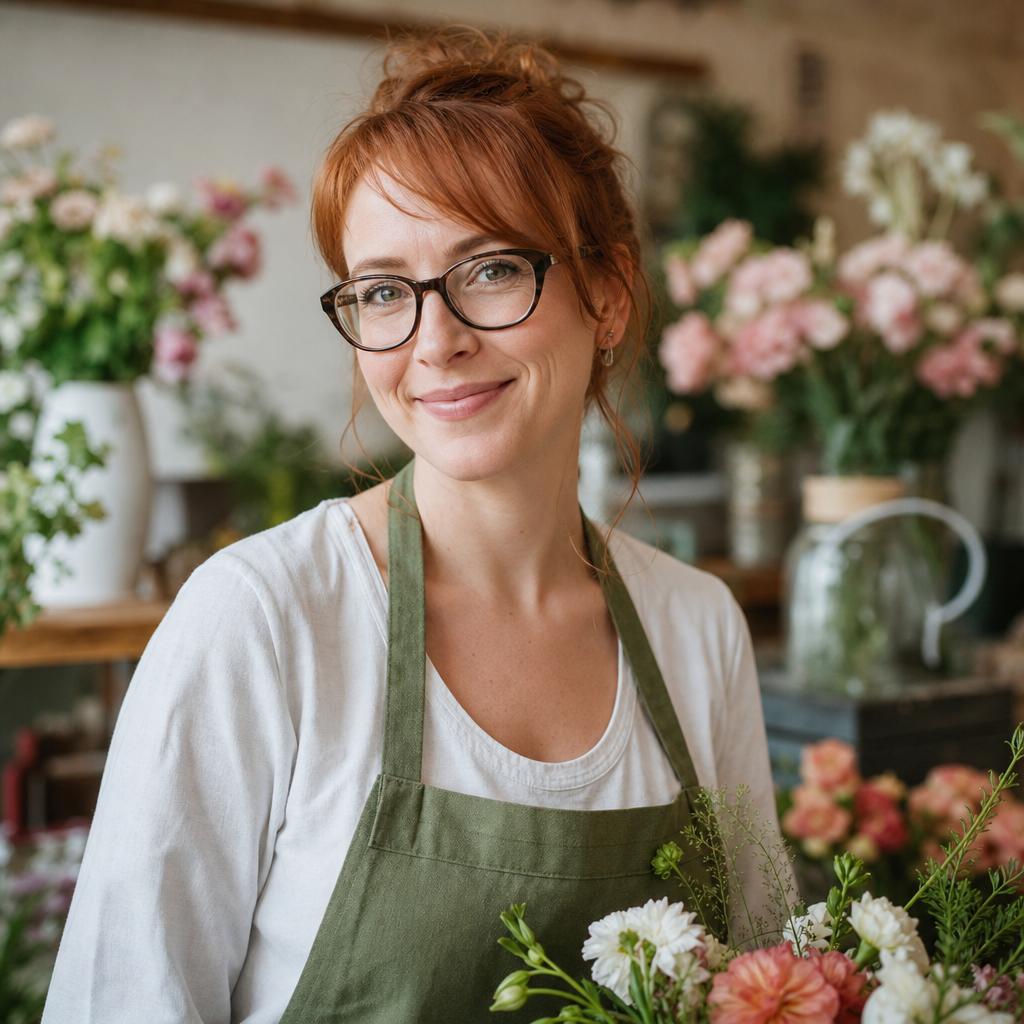 Camille, florist at Atelier Safran, among seasonal bouquets in the workshop