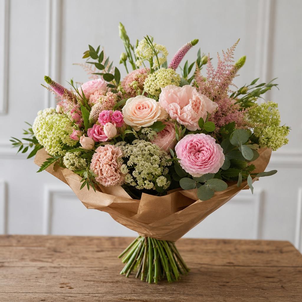 Kraft-wrapped bouquet of blush roses and soft fillers