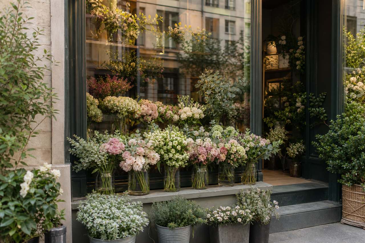 Florist shop window lined with roses, hydrangeas, and seasonal greenery
