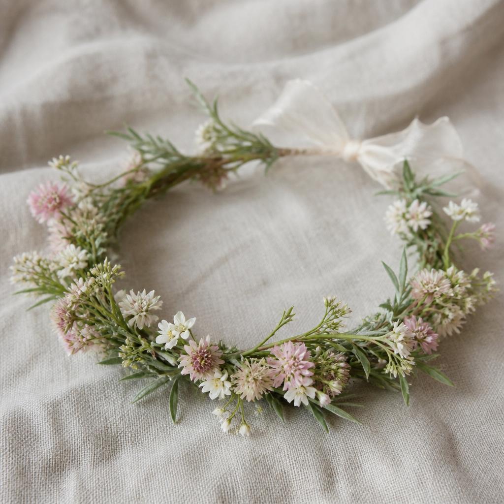 Delicate wildflower crown resting on linen